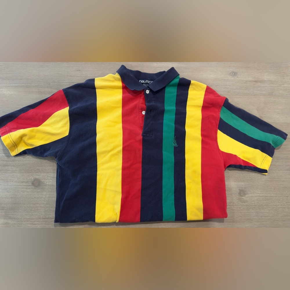 Vintage 1994 Nautica Mens Polo Shirt - Bold Red, Yellow, Green, and Blue Stripes